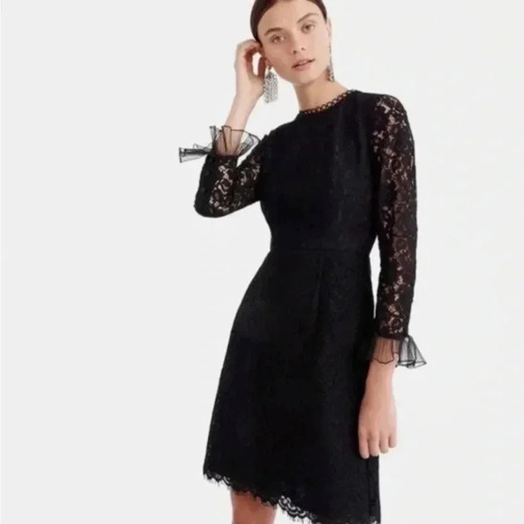 J. Crew Black Lace Long Sleeve Dress SZ 00 - Picture 1 of 12